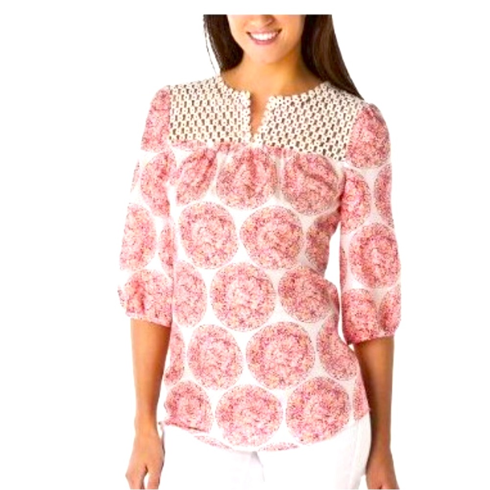 2/$25💥 Calypso St. Barth Silk Pink and Ivory Relaxed Blouse Sz L Bin K